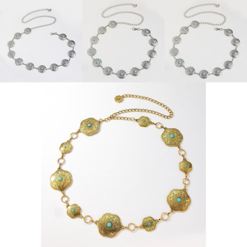 Bohemian Turquoise Floral Metal Waist Chain For Women Summer Fashion Jewelry