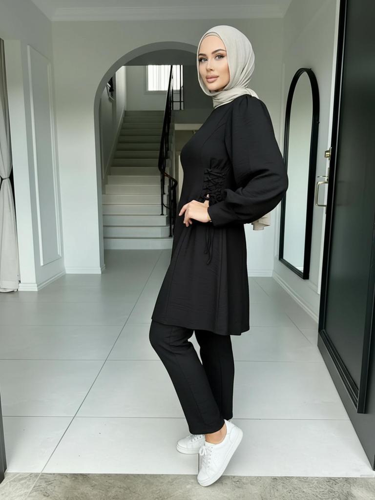 Women's Solid Color Two-Piece Set: Fashionable Top & Pants for Middle Eastern Style