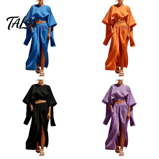 Women Relaxed Fit Suit Summer 2 Piece Outfits, Batwing Half Sleeve Crop Top Breathable Clothing And High Slit Maxi Skirt Travel Vacation Matching Sets
