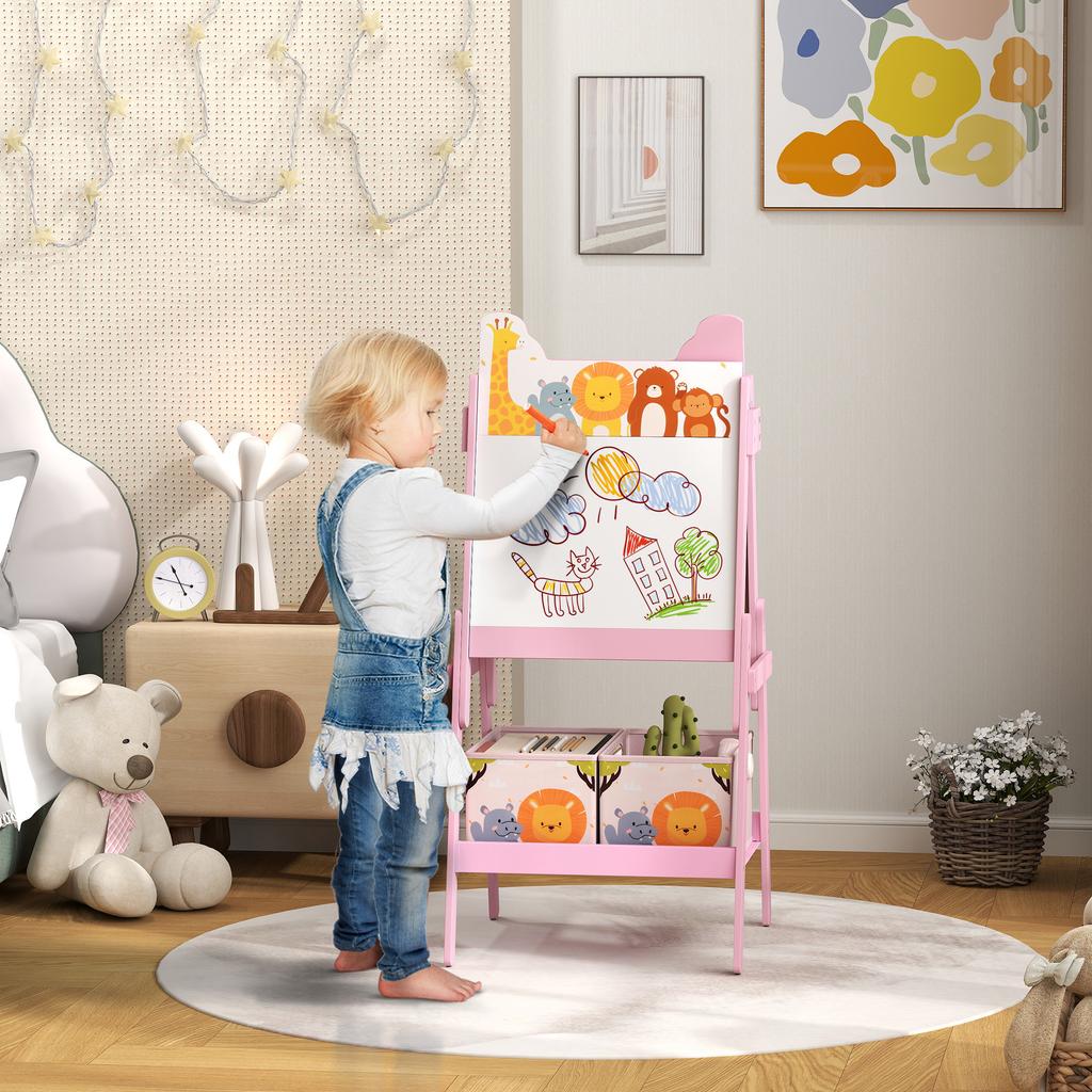 2 in 1 Kids Easel with Whiteboard, Chalkboard, Storage Boxes, for Ages 3-8 Years, Pink