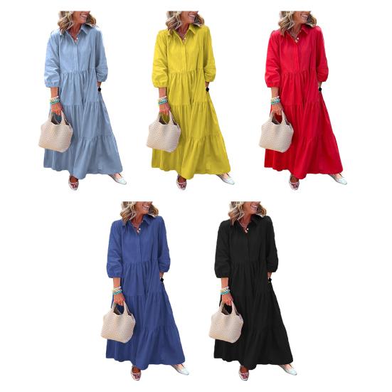 Women's 45720 Sleeve Maxi Dress Button Up Lapel Swing Dress with Pockets A-line Ruffles