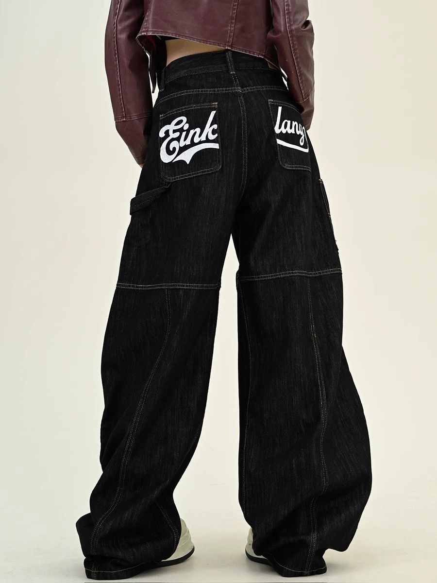 

Y2K ретро потертые мешковатые джинсы с буквенным принтом женские американские уличные готические широкие брюки в стиле Харадзюку для пар повседневные джинсовые брюки S чёрный