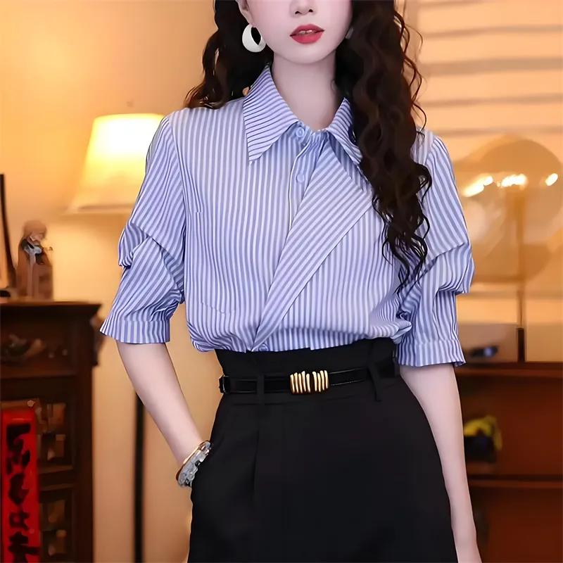 

Women s White Asymmetric Blouse Lapel Collar Short Sleeve Pocket Design Casual Loose Fit Top L