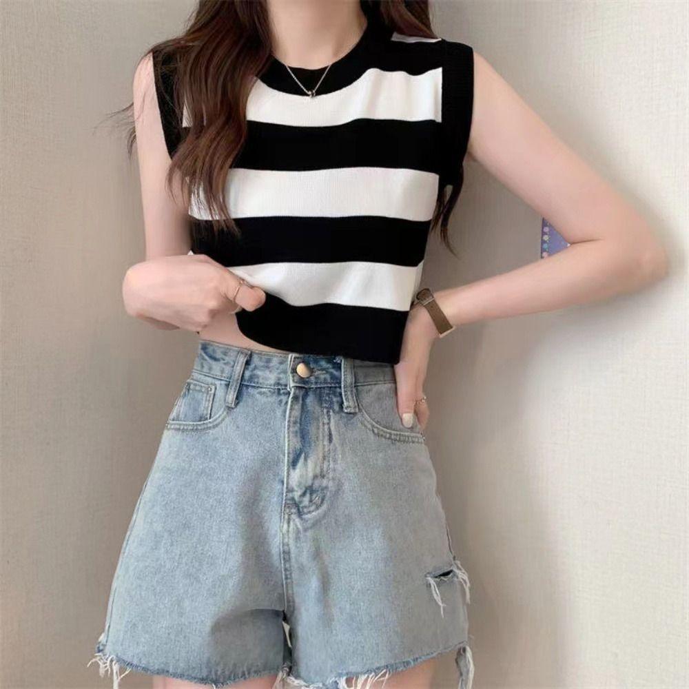 1PC Armpit Knitted Crop Top Round Neck Plaid Pattern Summer Fashion For Women Waistcoat