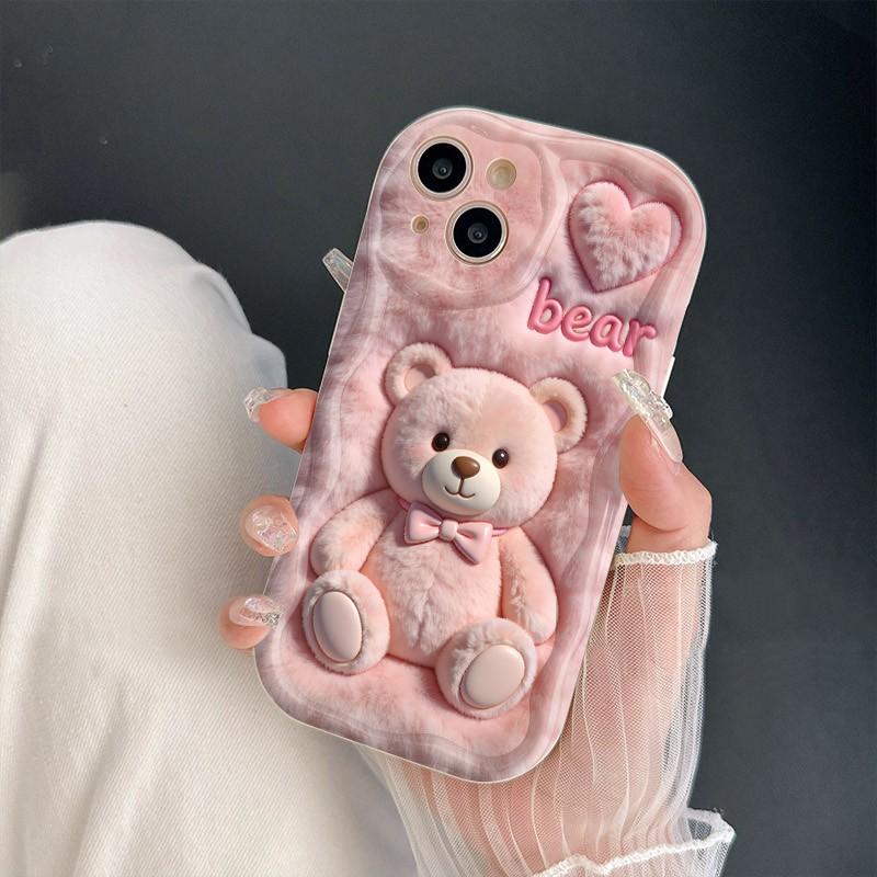 Cute Cartoon Pink Plush Bear Printed Phone Case For iPhone 17 16 Pro Max 15 14 13 12 11 Cover For iPhone Air 16E XS XR X Fundas