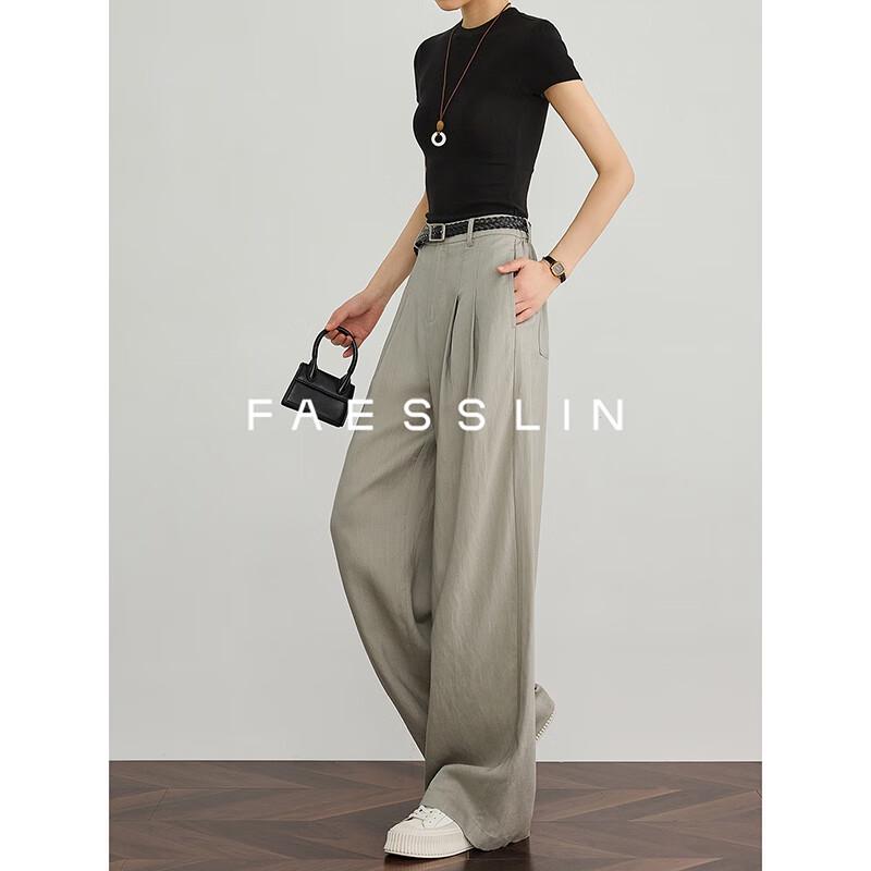 FAESSLIN Women's Light Grey Linen Blend Wide-Leg Suit Pants