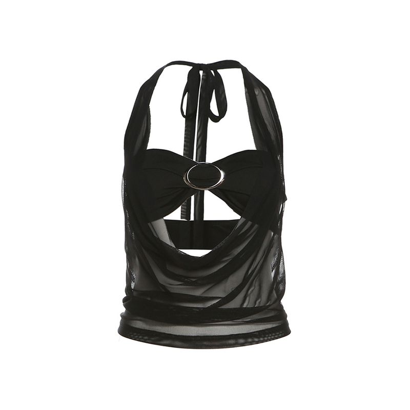 Kkx European and American Sexy Gyaru Style Simple Design Metal Chest Buckle Mesh Perspective Tube Top Vest Two-piece Set
