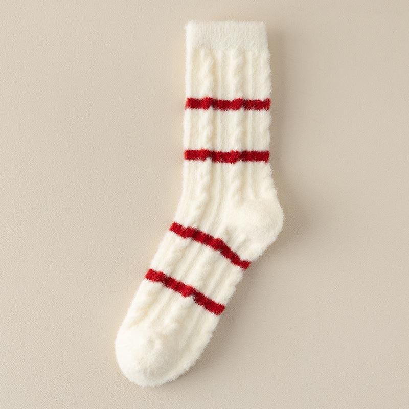Women's Striped Red Mid-Calf Socks: Thick Warm Mink Velvet for Autumn & Winter