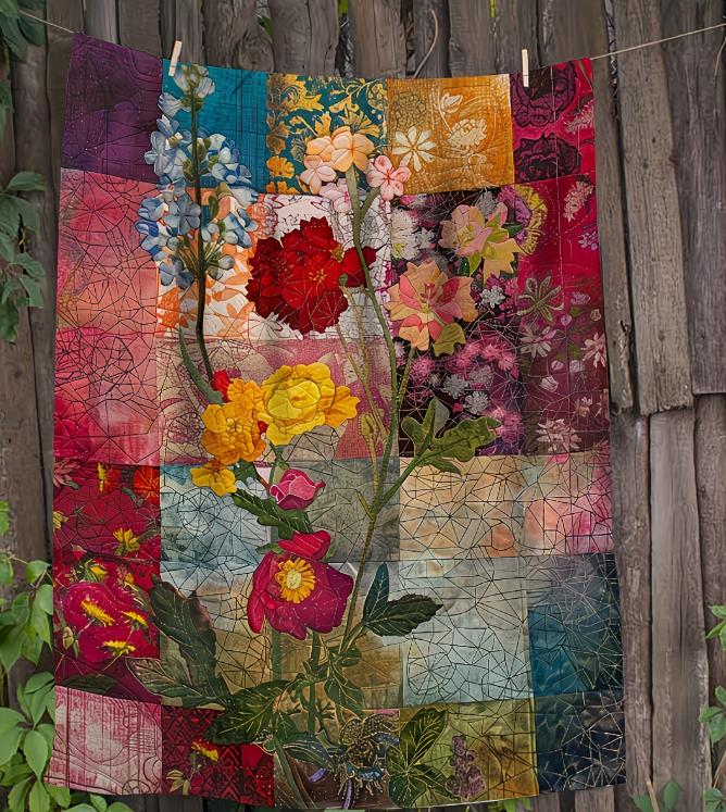 Colorful Flannel Blanket with Heart And Floral Patchwork Design - Soft Blanket for Sofa Bed Car Office Camping Travel Vintage