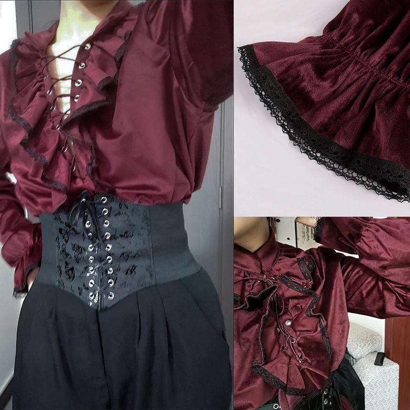 Halloween Cosplay Vintage Mittelalter Viktorianisch Herren Damen Gothic Lolita Spitze Rüsche Hemden Bluse Steampunk Pirat Vampir Kostüm Ohne Gürtel