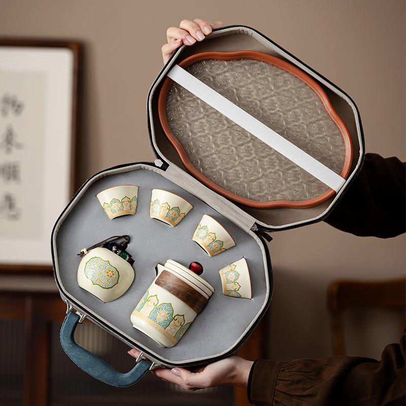 Travel set Outdoor kung fu teapot Portable high-end Ru kiln ancient rhyme camping tea drinking equipment Enterprise printing