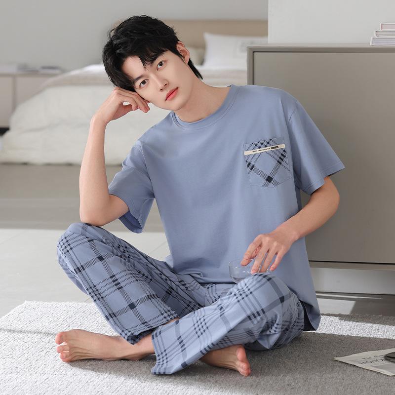 Pure cotton pajamas men's summer thin 1011 new short-sleeved trousers loose large size can be worn outside loungewear suit