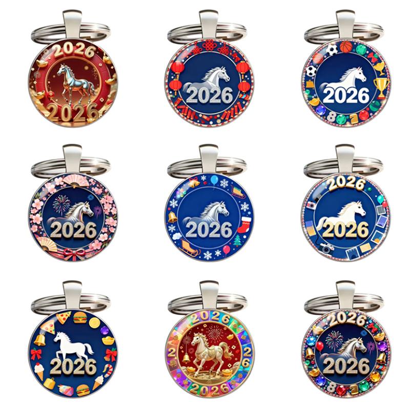 Zodiac Year Of The Horse 2026 Series Pattern Circular Keychain Pendant Backpack Decoration Gifts