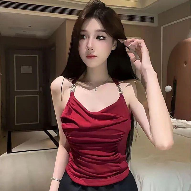 Chain Strap Camisole with Built-in Bra, Backless, Sexy, Slimming, Pleated, Elegant Top, Trendy Lingerie