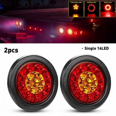 2PC 4inch Red/Amber Round 16LED Tail Stop Brake Turn Lights Signal Truck Trailer