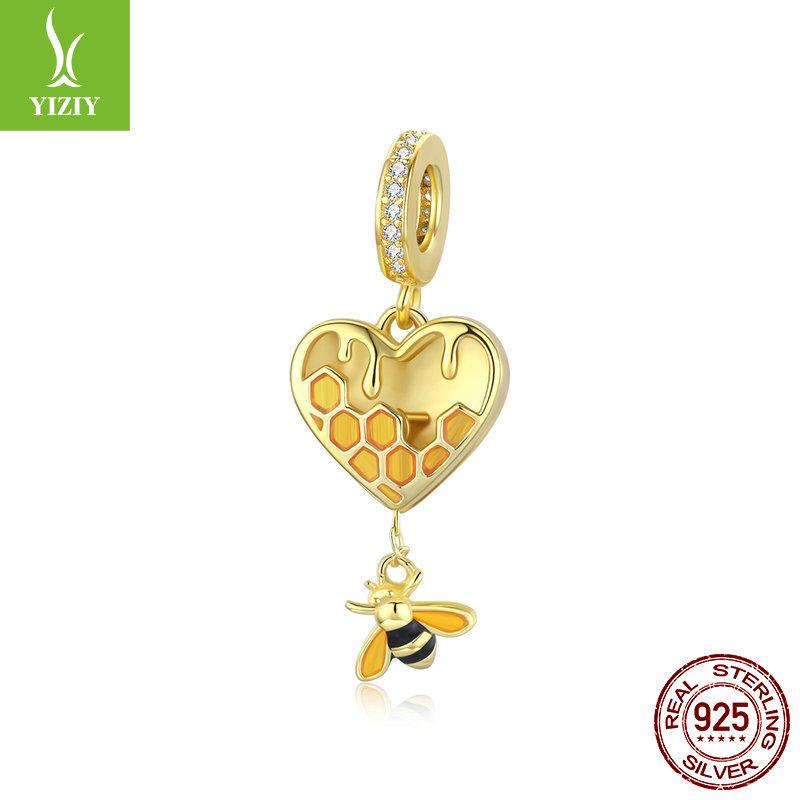 Yinziyun s925 Silver Love Honeycomb Beads: Gold-Plated Bee, Openable Trendy DIY Jewelry Accessory
