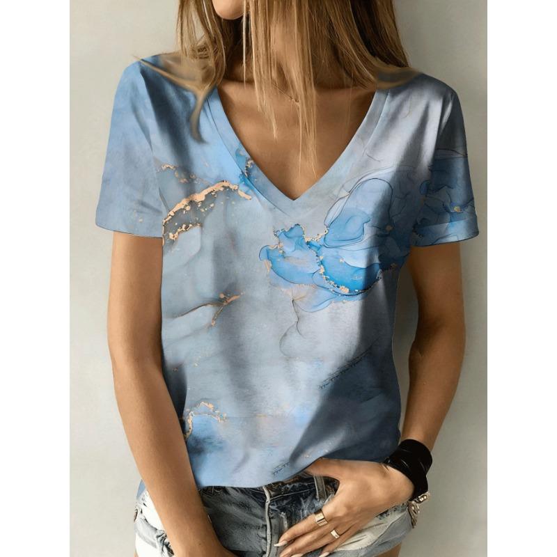 Women's Summer Casual V-neck Short-sleeved T-shirt, with Fashionable 3D Print, Suitable for Outings or At Home