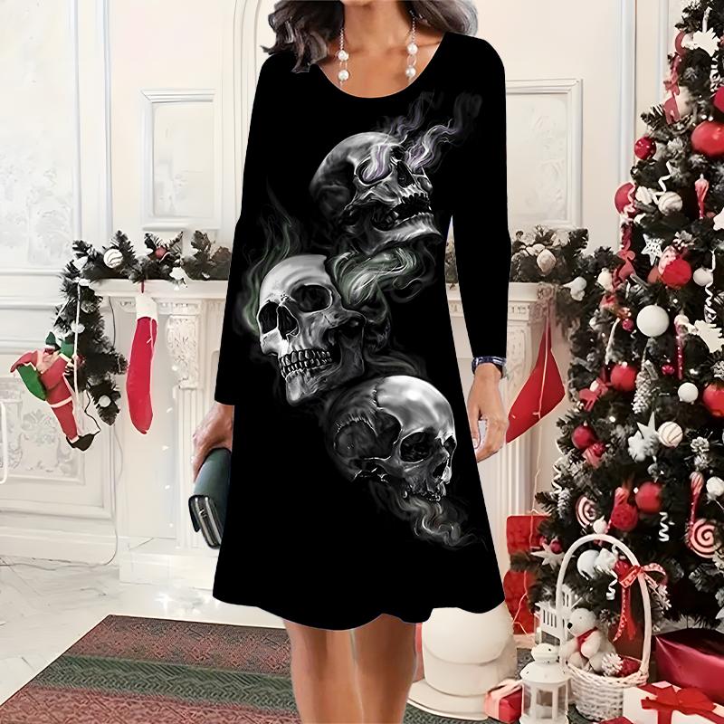 

2025 Осень и Зима Новое Повседневное Женское Платье с Круглым Вырезом 3D Хэллоуинский Узор Идеальный Подарок на Хэллоуин Рождество 8XL серый