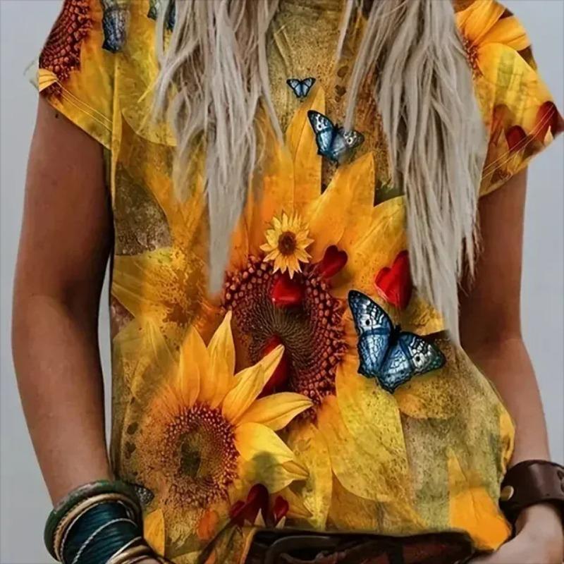 2024 Damen-T-Shirt mit Farbblock-Print, lässig, Rundhalsausschnitt, kurzärmliges Oberteil aus Strickstoff, übergroßes Damenkleid