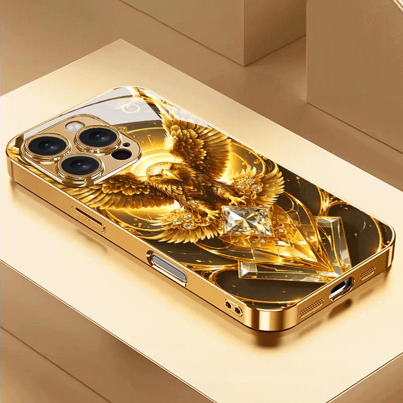Custodia per telefono in vetro placcata elettroliticamente di alta qualità per iPhone 17, 16, 15, 14, 13, 12, 11pm Pro Plus. Design di lusso di alta gamma con aquila dorata.