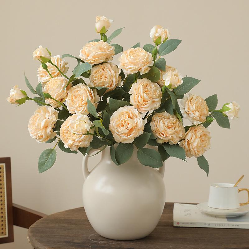 10pcs Fake Flowers Artificial Silk Grilled Edged Tea Rose Wedding Decoration Pink Simulation Flower 3 Heads Roses Branches