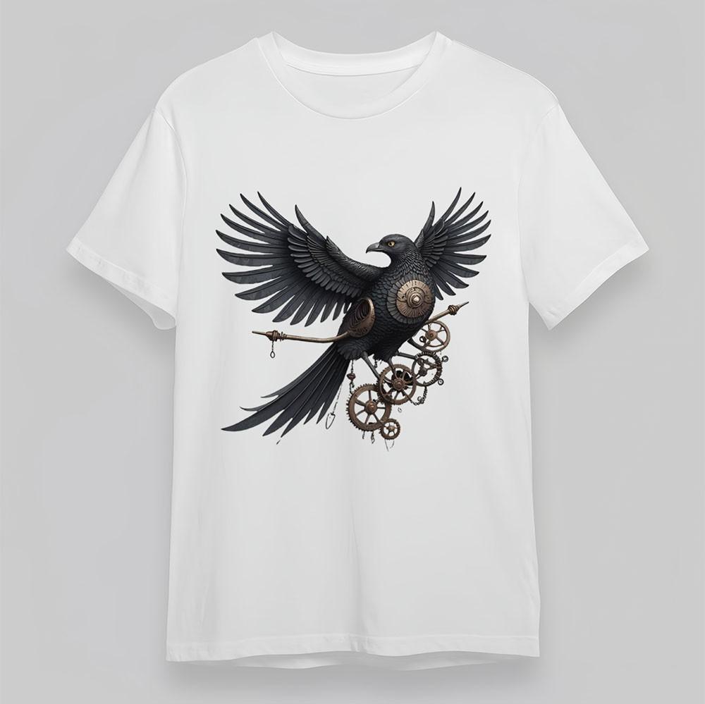 Women's Steampunk T-Shirt Eagle with Metallic Gears Cotton Tee Oversize White