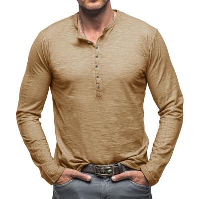 Höst Ny High-End Herr Bomull Knapp Henley Hals T-shirts Mode Enfärgad Långärmad T-shirt Casual Knapptopp T-shirts