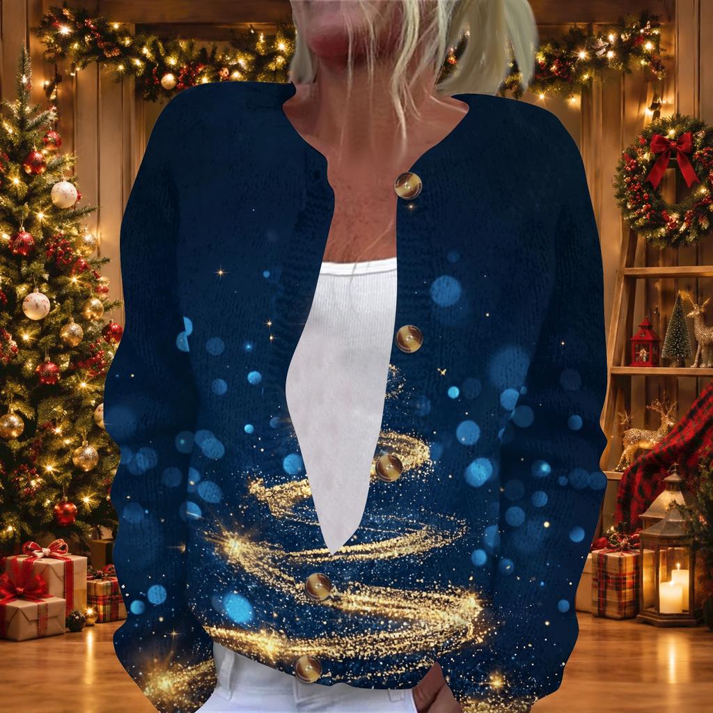 Women's Christmas Print Long Sleeve Knit Cardigan Button Down Sweater