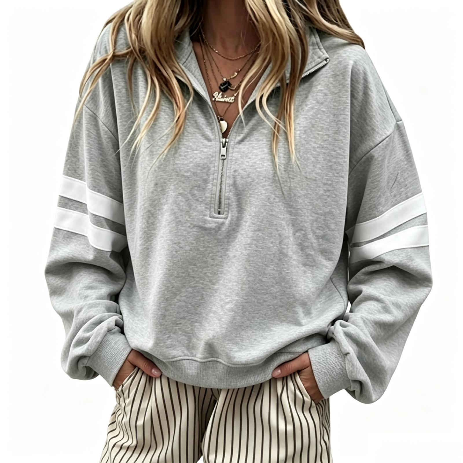 Women s Color Block Long Sleeve Zip Up Hoodie Casual Pullover XXL