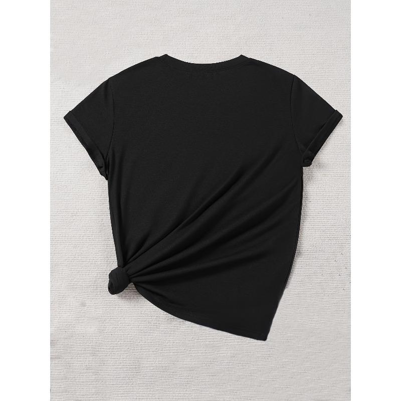 European Size Womens Happy New Year Tee Fashionable Glamorous Letter Graphic Print T Shirt Slogan Design Loose Casual Round Neck Short Sleeve