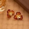Autumn Rose Amber Flower Resin Earrings, Retro Maillard Style High-End Temperament Earrings Women