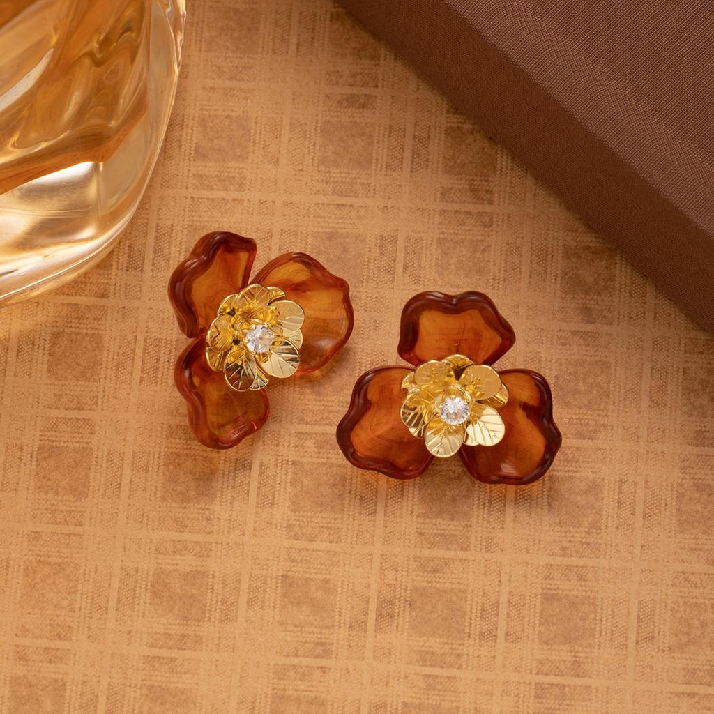 Autumn Rose Amber Flower Resin Earrings, Retro Maillard Style High-End Temperament Earrings Women
