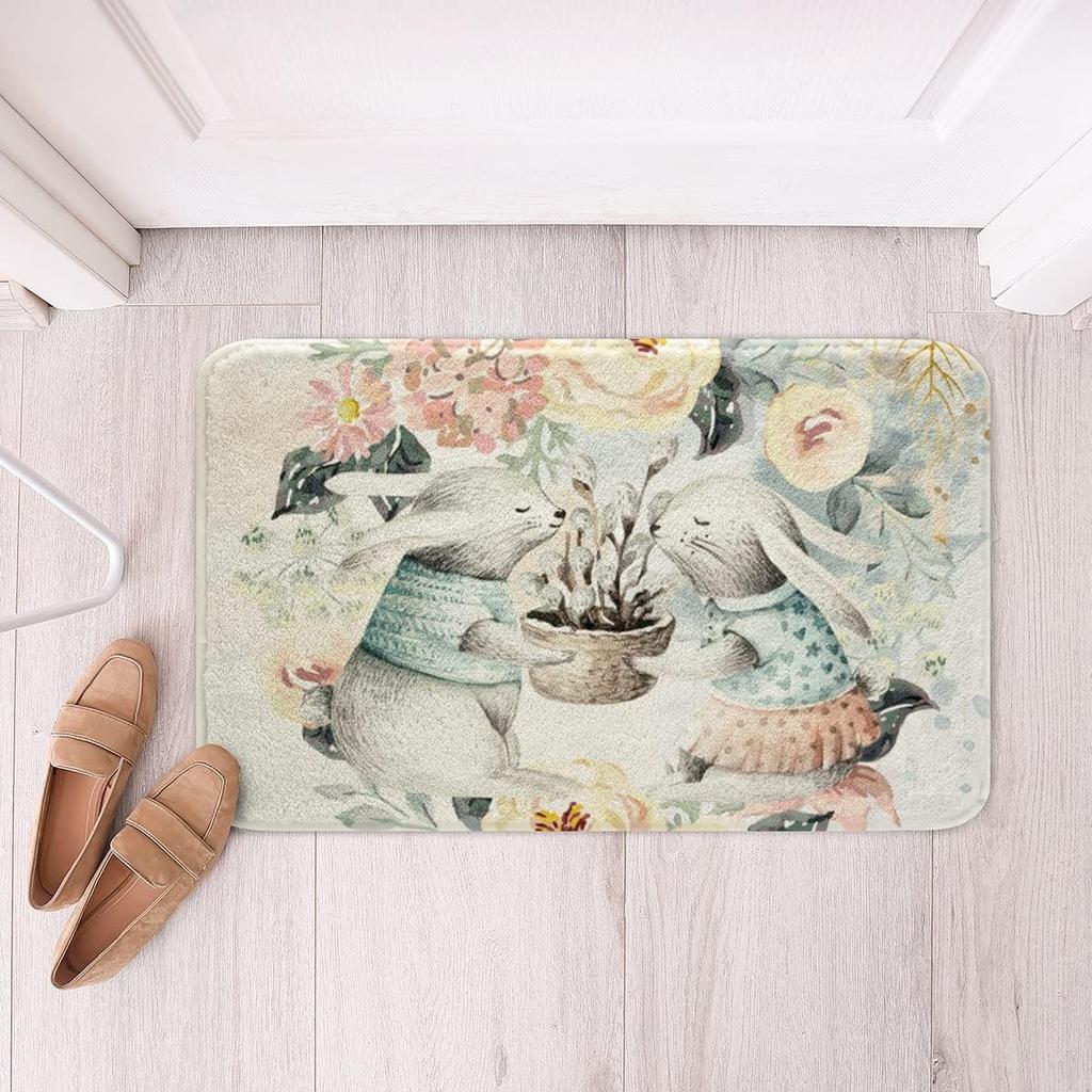 Cute Rabbit Carpet Kawaii Cartoon Bunny Rug for Boys Girls Lovely Animal Easter Rabbit Door Mat Non Slip Spring Flowers Bath Mat