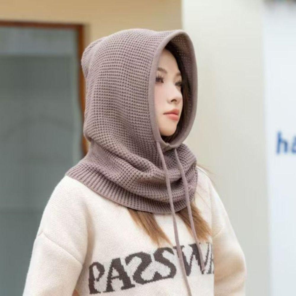 Drawstring Closure Neck Warmer Hat Thick Knit Winter Pullover Hat  For Women Man