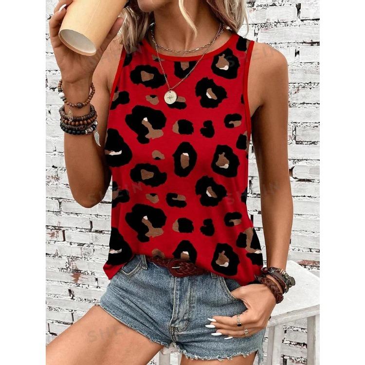 Summer Round Neck Leopard Print Pattern 3D Printed Top Fashionable Casual Sleeveless Women's Tank Tops