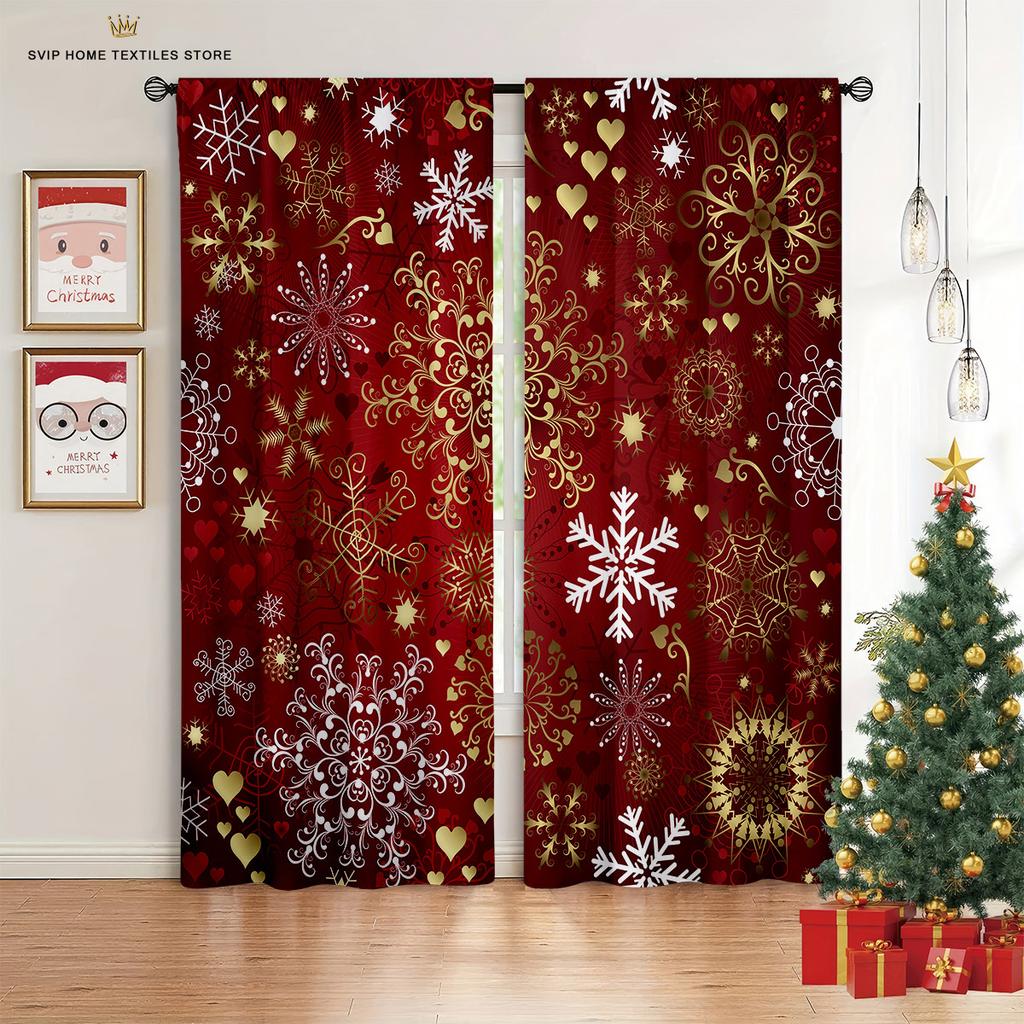 Christmas Cartoon Print Curtains, Snowflake Curtains, Party Decoration, Bedroom, Restaurant, Holiday, 2 Pieces