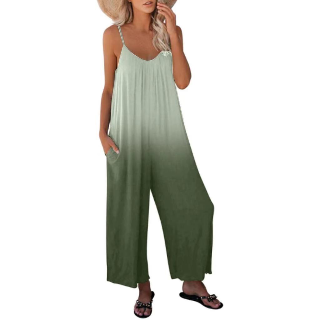 Mono sin mangas para mujer Casual Holgado Pierna ancha Mono Pantalón largo con bolsillos Tirantes finos ajustables Atuendo de verano