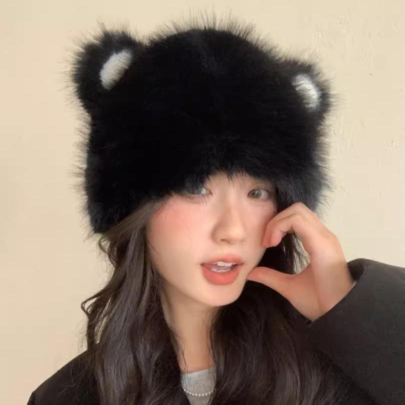 Cute and Cute Cat Ears Imitation Leather Fluffy Fluffy Hat Winter Warm Windproof Ear Protection Hat Head Hat