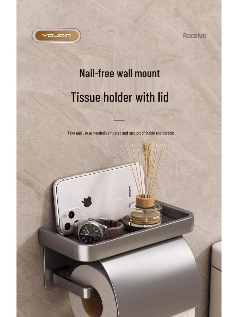 Waterproof Wall-Mounted Toilet Paper Holder with Lid, Punch-Free Installation