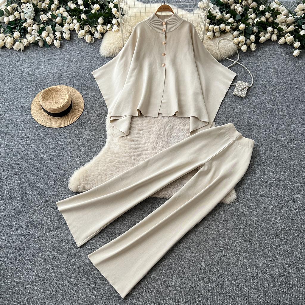 Casual Loose-Fit Batwing-Sleeve Knit Cardigan and Wide-Leg Pants Two-Piece Set for Women 2026 Fall Winter Cape Sweater  Elegant Lady Pants Outfit