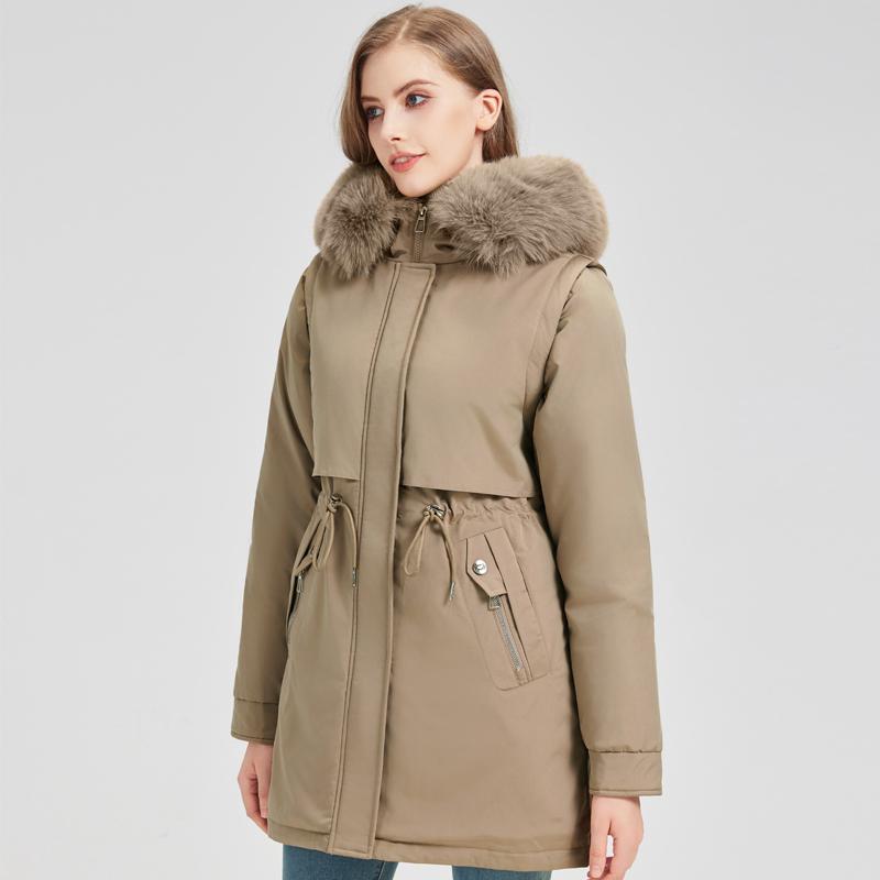 Fashion Winter Coat Female Long Parkas Hooded Faux Fur Collar Detachable Sleeves Loose Thick Warm Women's Jackets