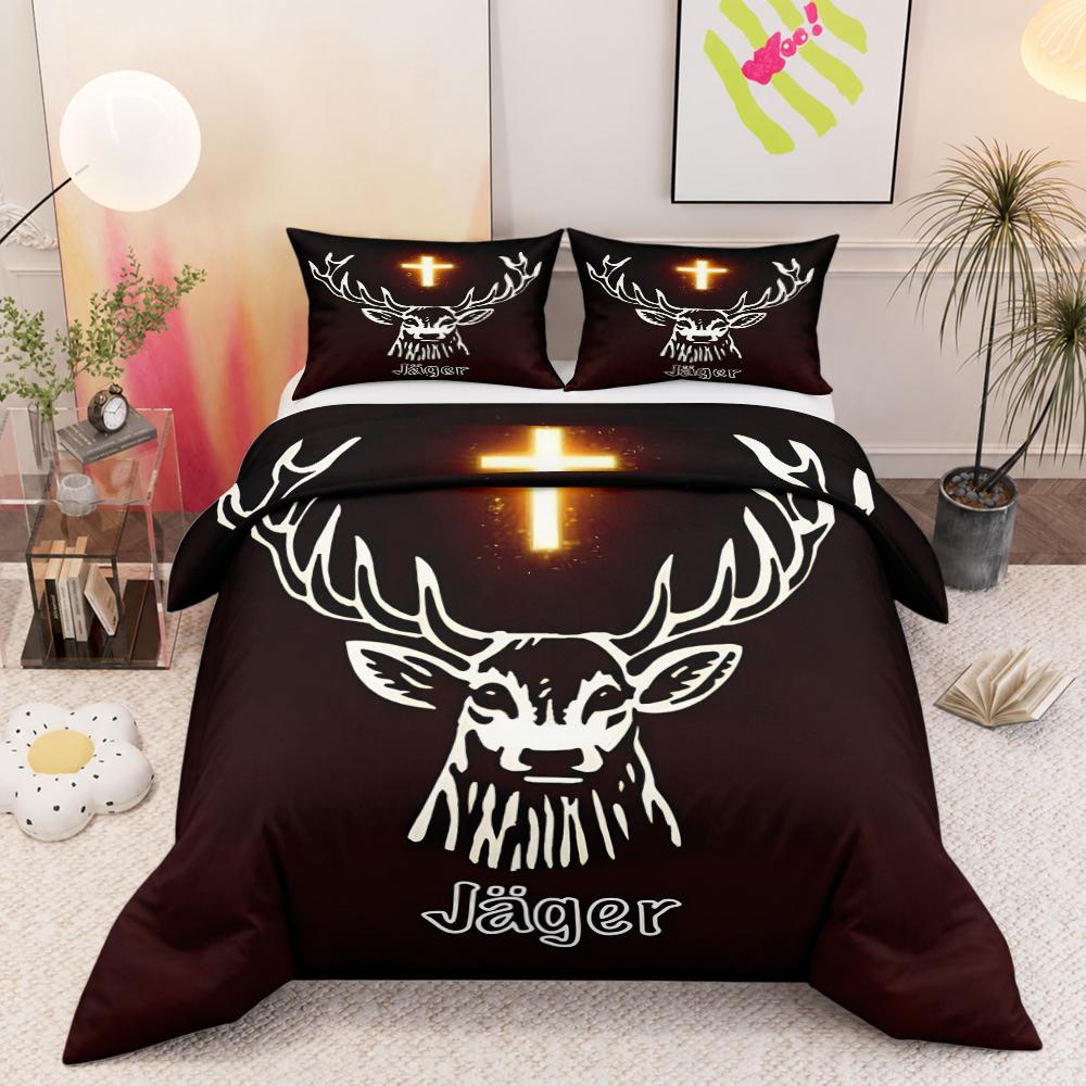 Jagermeister Stag Head Glowing Cross 3 Piece Bedding Set, Deer Antlers Duvet Cover Set for Men Bar Alcohol Bedroom Decor Gift