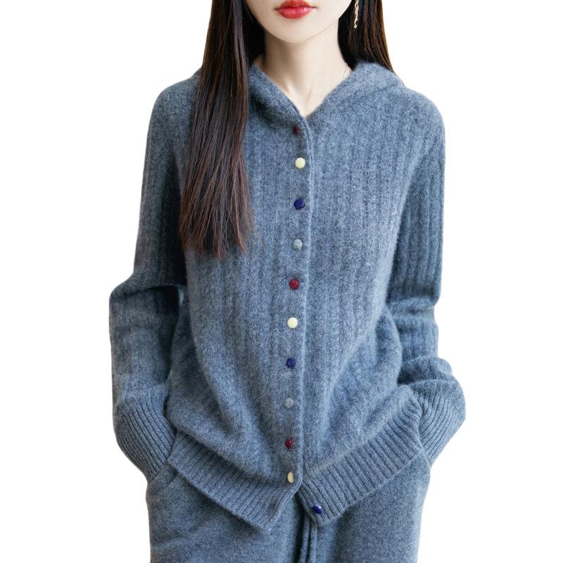 Women's Thickened Hooded Wool Cardigan: Autumn/Winter Simple Casual Cable Knit Sweater Coat
