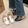 2024 Women's Brand Design Crystal Buckle Party Slippers Luxurious Rabbit Fur Mules Women's Square Toe Thick Heel Slippers