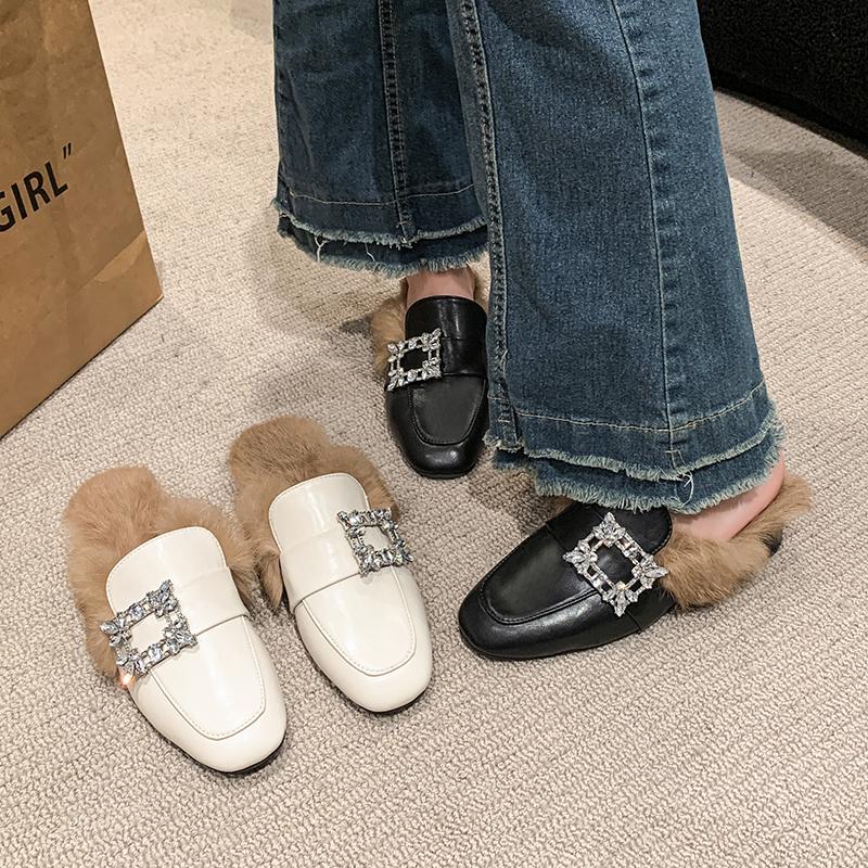 2024 Women's Brand Design Crystal Buckle Party Slippers Luxurious Rabbit Fur Mules Women's Square Toe Thick Heel Slippers