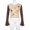 Harajuku Style Reverse Car Collar Contrasting Color Sparkling Star Print T-shirt with Personalized and Versatile Micro Flare Long Sleeved Top