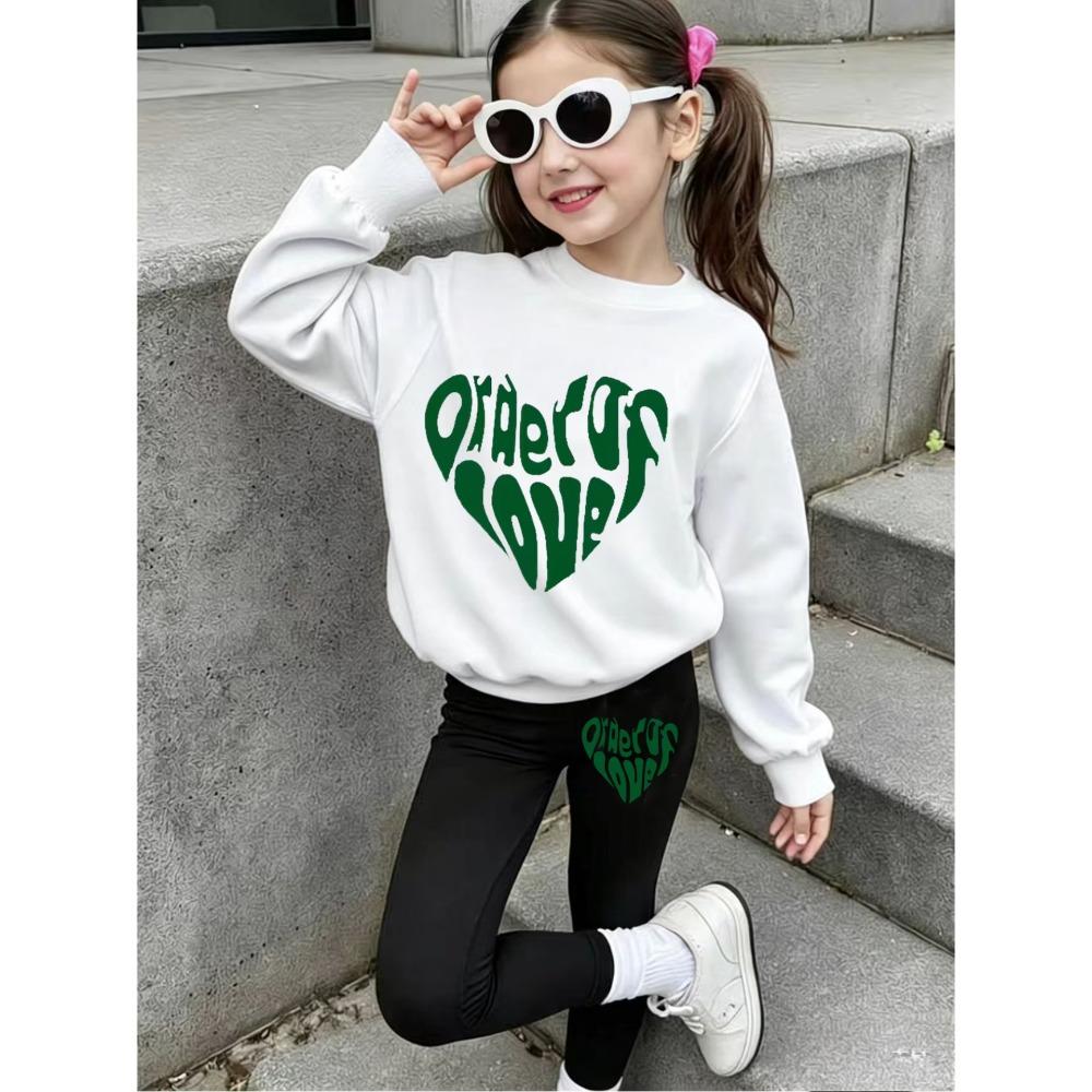 Girls' Cute Strawberry Casual Comfortable Soft Loose Pullover Sweatshirt and Leggings 2-Piece Set, New Autumn/Winter, Playful, Sweet and Cool Style