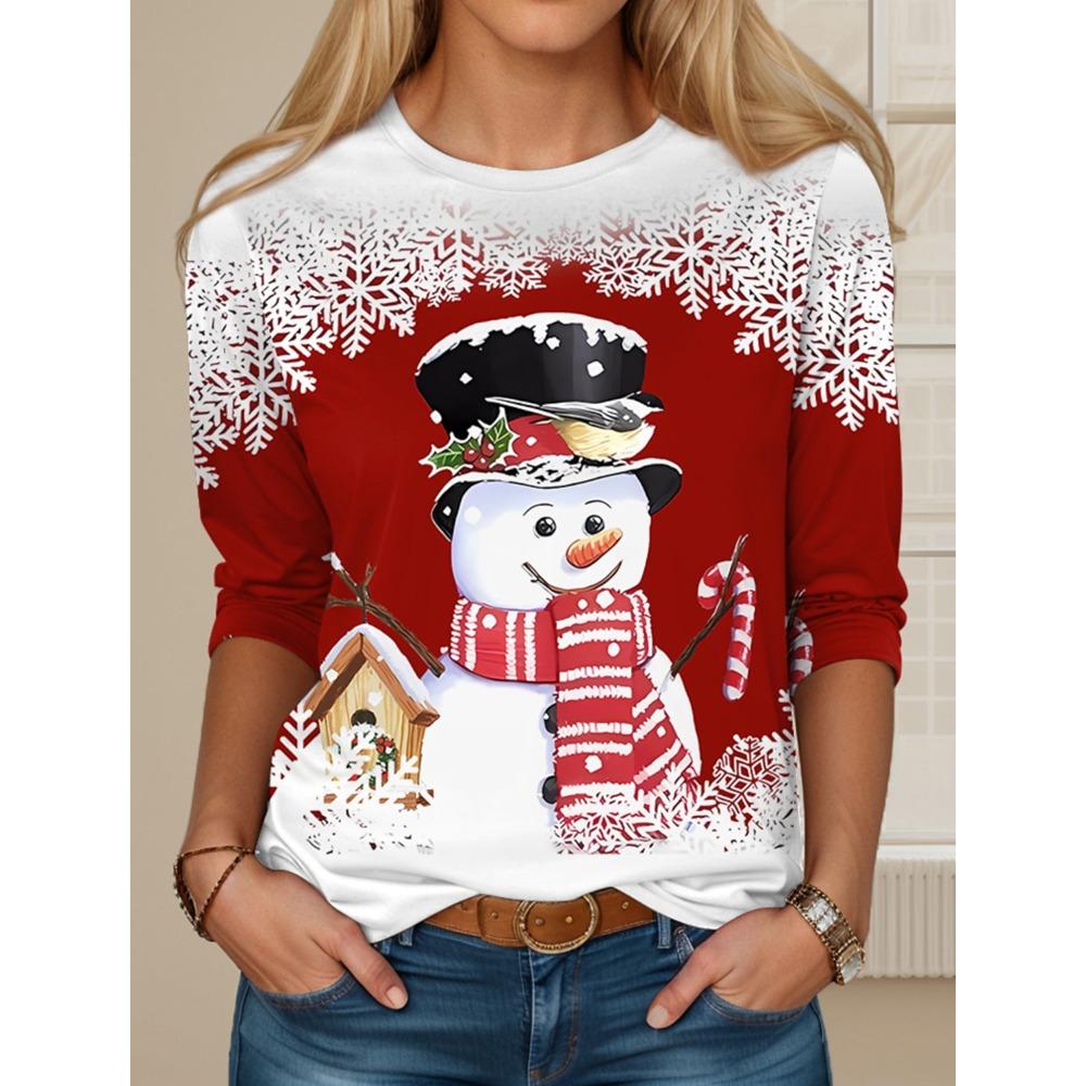 

Рождественская женская футболка со снеговиком и круглым вырезом, свободный свитер, женская праздничная одежда, повседневная уличная толстовка, повседневная, с длинными рукавами 8XL