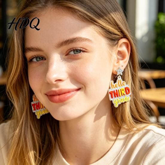 Fashionable Holiday Earrings 1 Pair Colorful Acrylic Letter Drop Dangle for Women Glitter Funny First Retro Style Jewelry Day of School Earring,