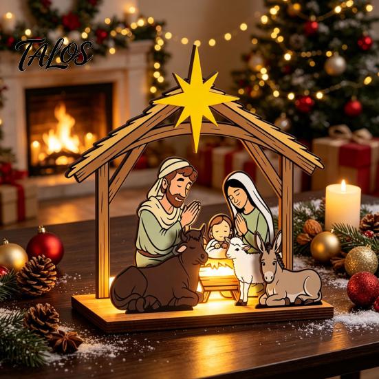 Holiday Party Supplies Christmas Tabletop Glowing Ornament, 3D Wooden Tree Decoration with Decorative Ornaments for Warm Light, Festive Centerpiece